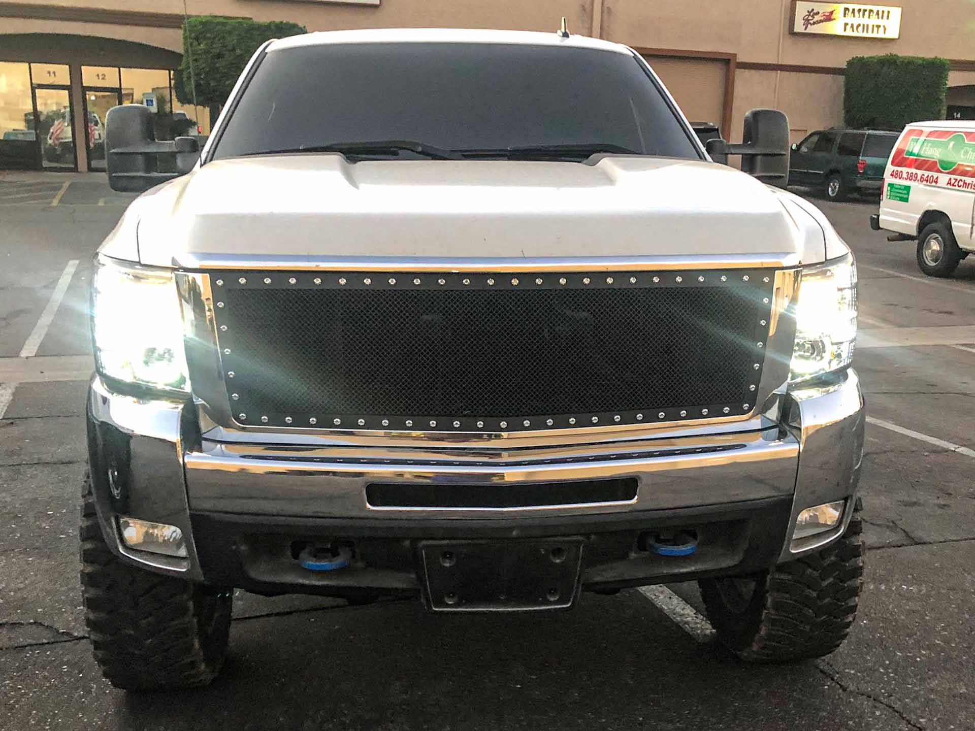 Stewarts Silverado grill and lights from front